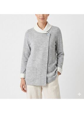 JONES & CO. Merino Wool Blend One Button Cardigan Grey & Cream Patch Pockets SzL